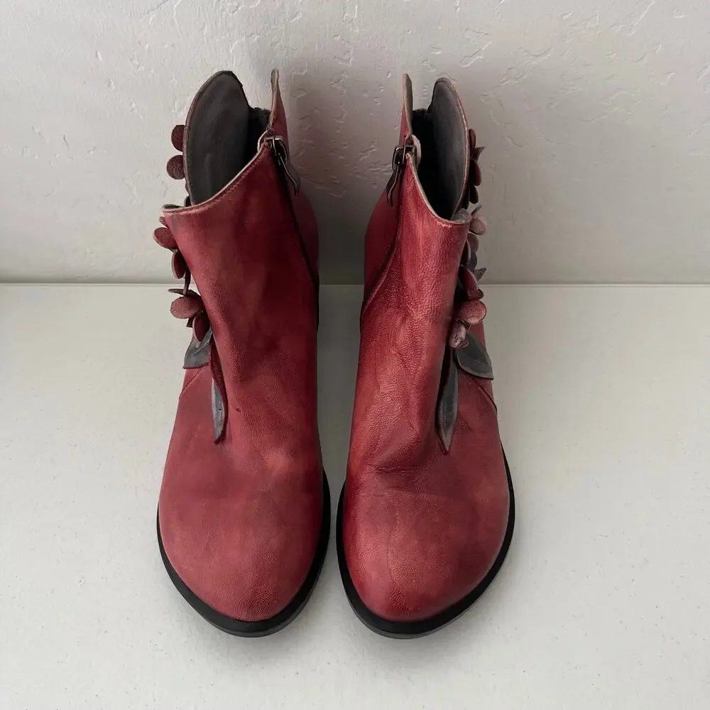 Socofy Rose Handmade Leather Ankle Boots 3D Floral Applique Artsy Size 40/9-9.5